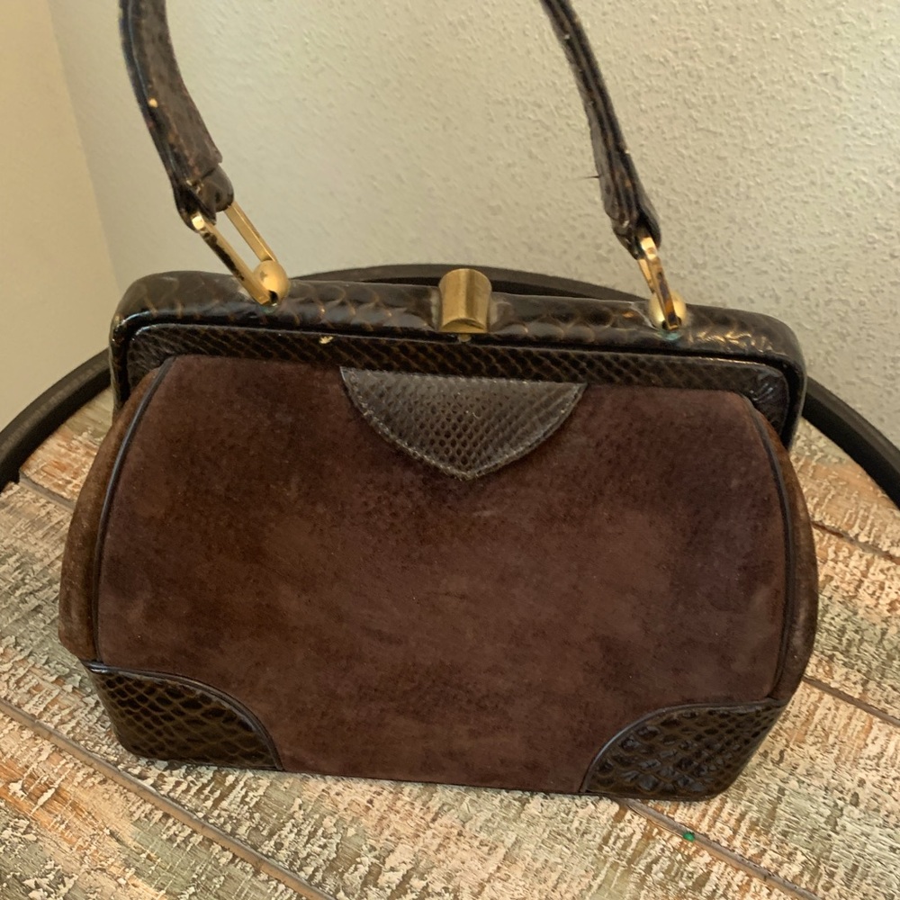 REDUCED Vintage Brown Suede and Croc clasped handbag - circa 40’s or 50’s